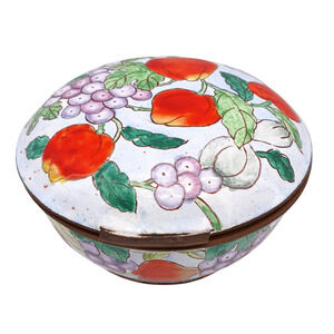 Vintage Hand Painted Round Porcelain Trinket Jewelry Box Copper Tone Hinged Lid